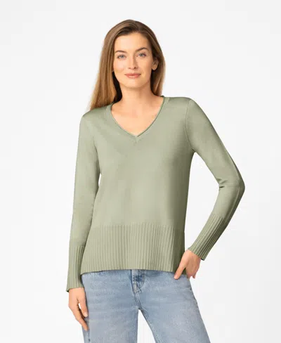 Melissa Paige Women's V-neck Wide-hem Wide-cuff Sweater In Green