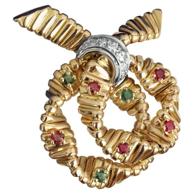 Pre-owned Mellerio Dits Meller 18k Gold Ruby Emerald Diamond Pavé Ribbon Clip Brooch 1940s In Green