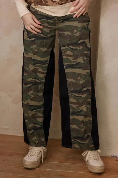Mello Camouflage Wide Leg Pants With Contrast Panels In Army Green