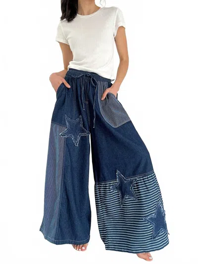 Mello Frayed Star Patch Wide Pants In Denim In Blue