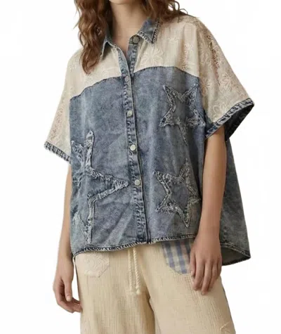 Mello Mixed Media Denim Star Shirt In Blue In Multi
