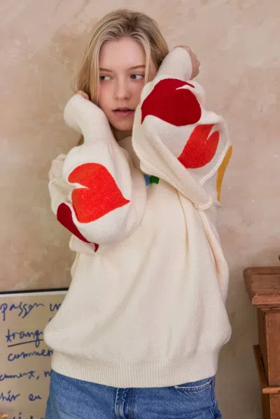 Mello Rainbow Heart Shaped Patch Sweater In Ivory In Animal Print