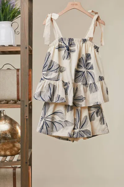 Mello Women's Floral Print Tie-shoulder Tiered Top In Cream And Navy In White
