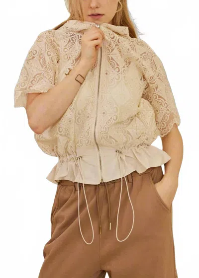 Mello Zip Up Crocheted Laced Short Sleeve Top With Hood In Ivory In Neutral