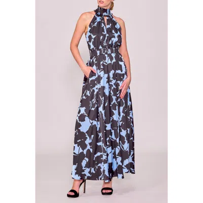 Melloday Abstract Maxi Halter Dress In Blue