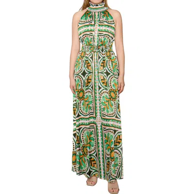Melloday Abstract Maxi Halter Dress In Green