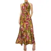 Melloday Abstract Maxi Halter Dress In Olive Multi