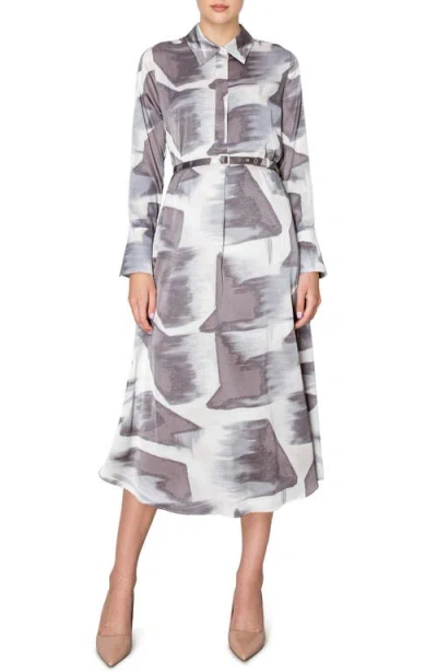 Melloday Abstract Print Long Sleeve Belted Shirtdress In Grey Multi