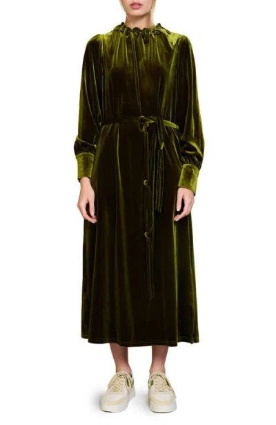 Melloday Belted Long Sleeve Velvet Midi Dress In Olive