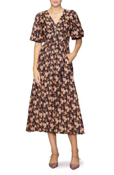 Melloday Bubble Sleeve Fit & Flare Midi Dress In Multi