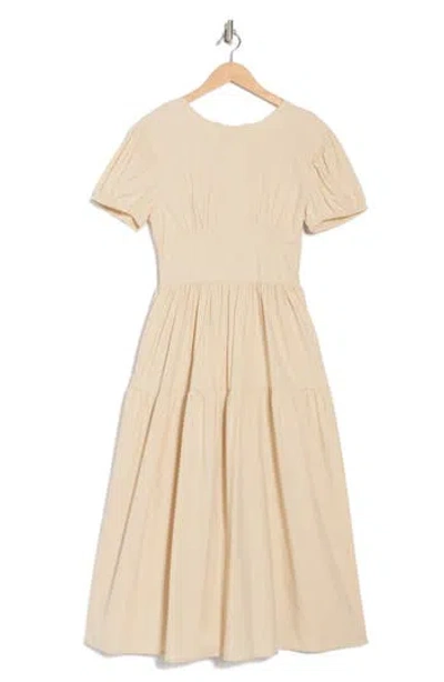 Melloday Bubble Sleeve Tiered Midi Dress In Neutral