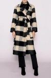Melloday Buffalo Plaid Fuzzy Trench Coat In Black