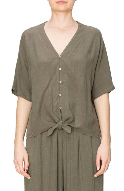 Melloday Button Tie Front Top In Olive
