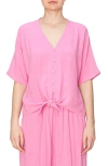 Melloday Button Tie Front Top In Pink