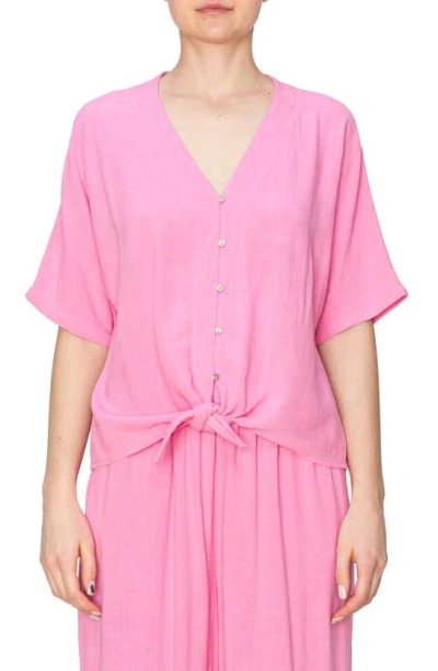 Melloday Button Tie Front Top In Pink