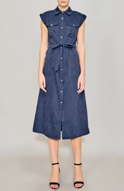 Melloday Cap Sleeve Belted Shirtdress In Navy