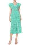 Melloday Cap Sleeve Plissé Midi Dress In Green Print