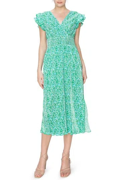 Melloday Cap Sleeve Plissé Midi Dress In Green Print