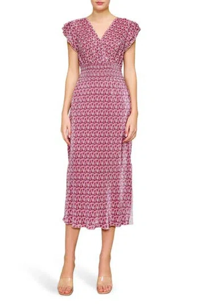 Melloday Cap Sleeve Plissé Midi Dress In Pink Multi