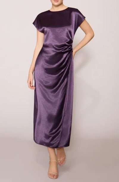 Melloday Cap Sleeve Side Cinched Satin Midi Dress In Purple