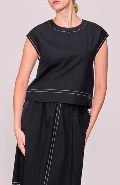 Melloday Contrast Stitch Cap Sleeve Poplin Top In Black