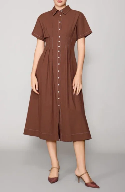 Melloday Contrast Stitch Midi Shirtdress In Brown