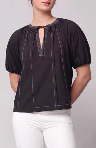Melloday Contrast Stitch Puff Sleeve Top In Black