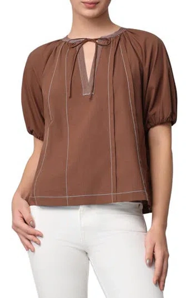 Melloday Contrast Stitch Puff Sleeve Top In Brown