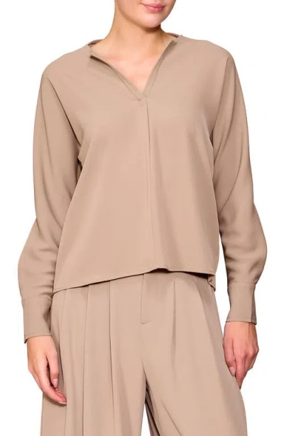 Melloday Crepe Split Front Top In Brown