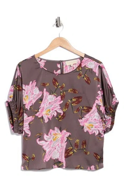 Melloday Crop Dolman Cinch Sleeve Top In Gray Pink Floral