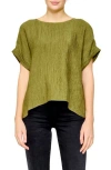 Melloday Cuffed Short Sleeve Plissé Top In Olive