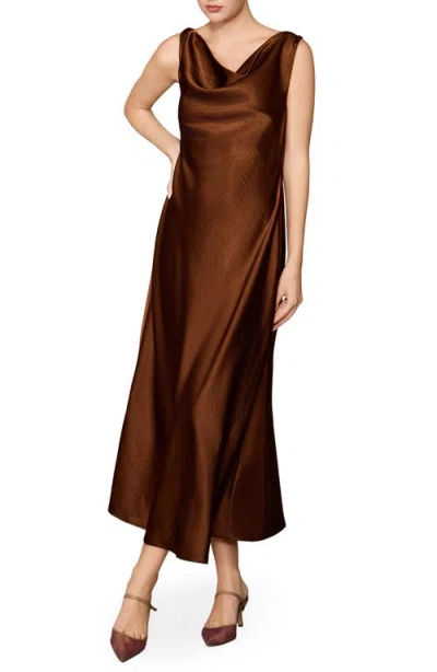 Melloday Drape Front Satin Midi Dress In Brown