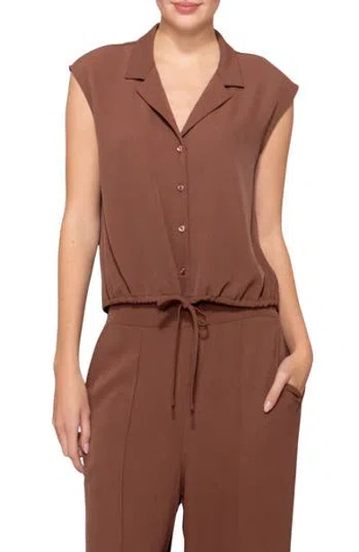 Melloday Drawstring Hem Sleeveless Button-up Shirt In Brown
