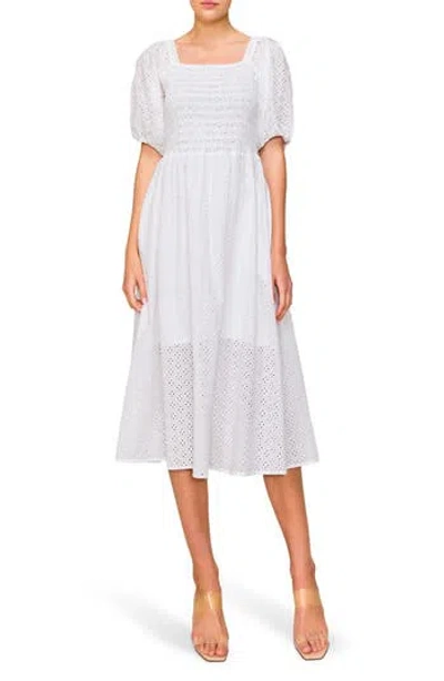 Melloday Embroidered Eyelet Puff Sleeve Smocked Midi Dress In White