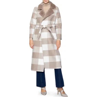 Melloday Faux Fur Collared Plaid Trench Coat In Brown
