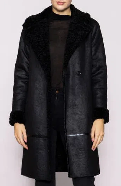 Melloday Faux Shearling Lined Faux Leather Coat In Black