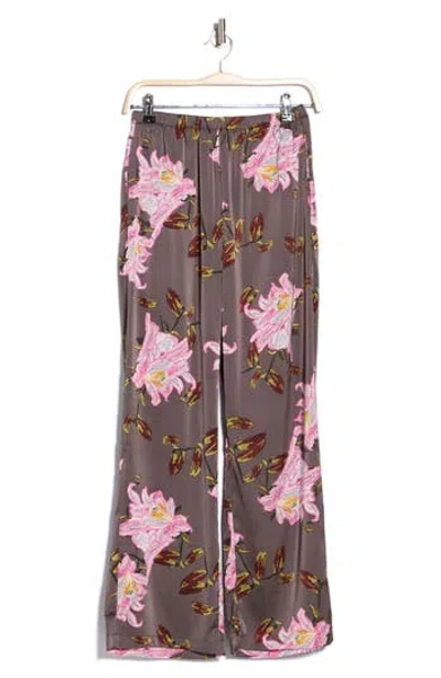 Melloday Flat Front Wide Leg Pants In Gray Pink Floral