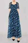 Melloday Floral Chiffon Gown In Black Blue Multi