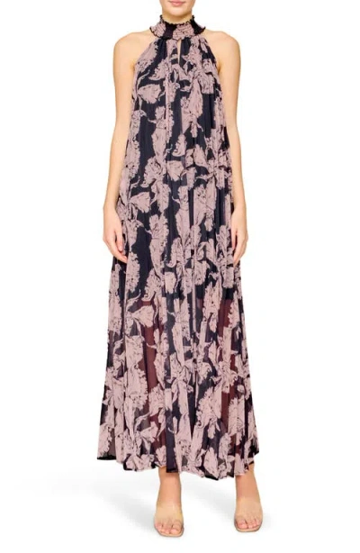 Melloday Floral Chiffon Maxi Dress In Black/taupe