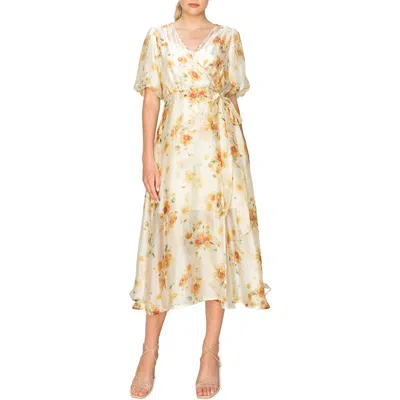 Melloday Floral Chiffon Midi Wrap Dress In Beige Golden Floral