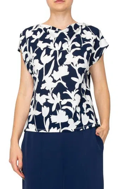 Melloday Floral Cowl Neck Cap Sleeve Top In Ivory/navy Floral