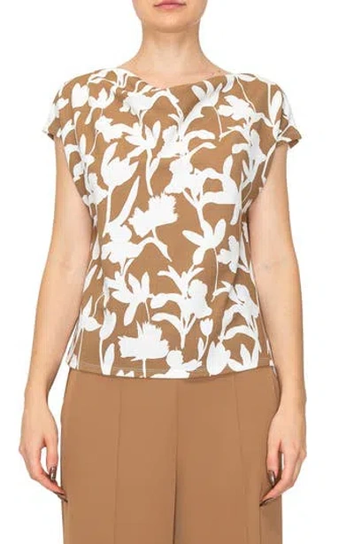Melloday Floral Cowl Neck Cap Sleeve Top In Taupe/ivory Floral