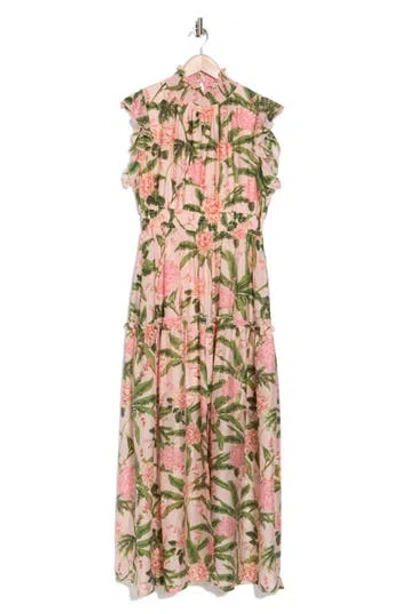 Melloday Floral Flutter Sleeve Maxi Dress In Olive/blush Floral
