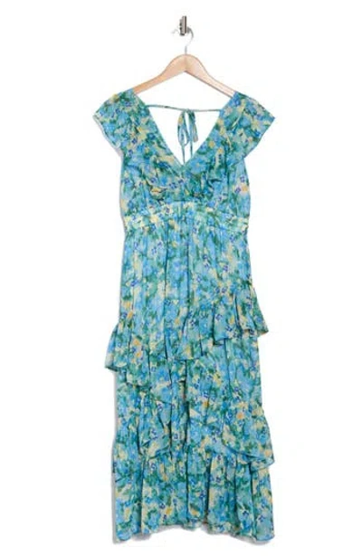 Melloday Floral Flutter Sleeve Tiered Dress In Blue Green