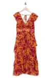Melloday Floral Flutter Sleeve Tiered Dress In Magenta Orange