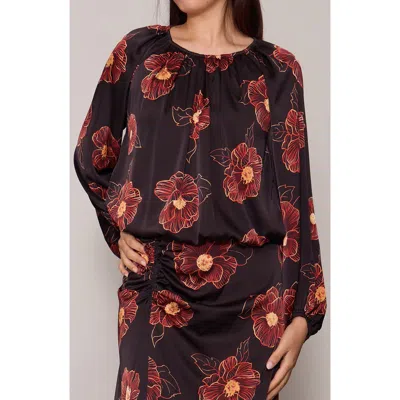 Melloday Floral Long Sleeve Bubble Hem Top In Black