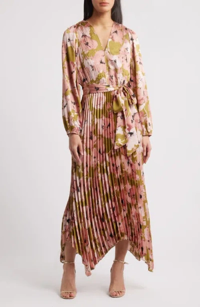 Melloday Floral Long Sleeve Pleated Asymmetric Dress In Multi