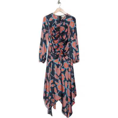 Melloday Floral Long Sleeve Ruched Midi Dress In Navy Red Floral