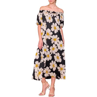 Melloday Floral Off The Shoulder Puff Sleeve Satin Dress In Multi