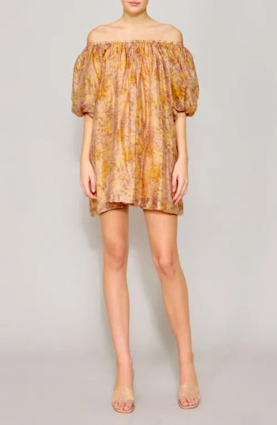 Melloday Floral Off The Shoulder Satin Minidress In Peach